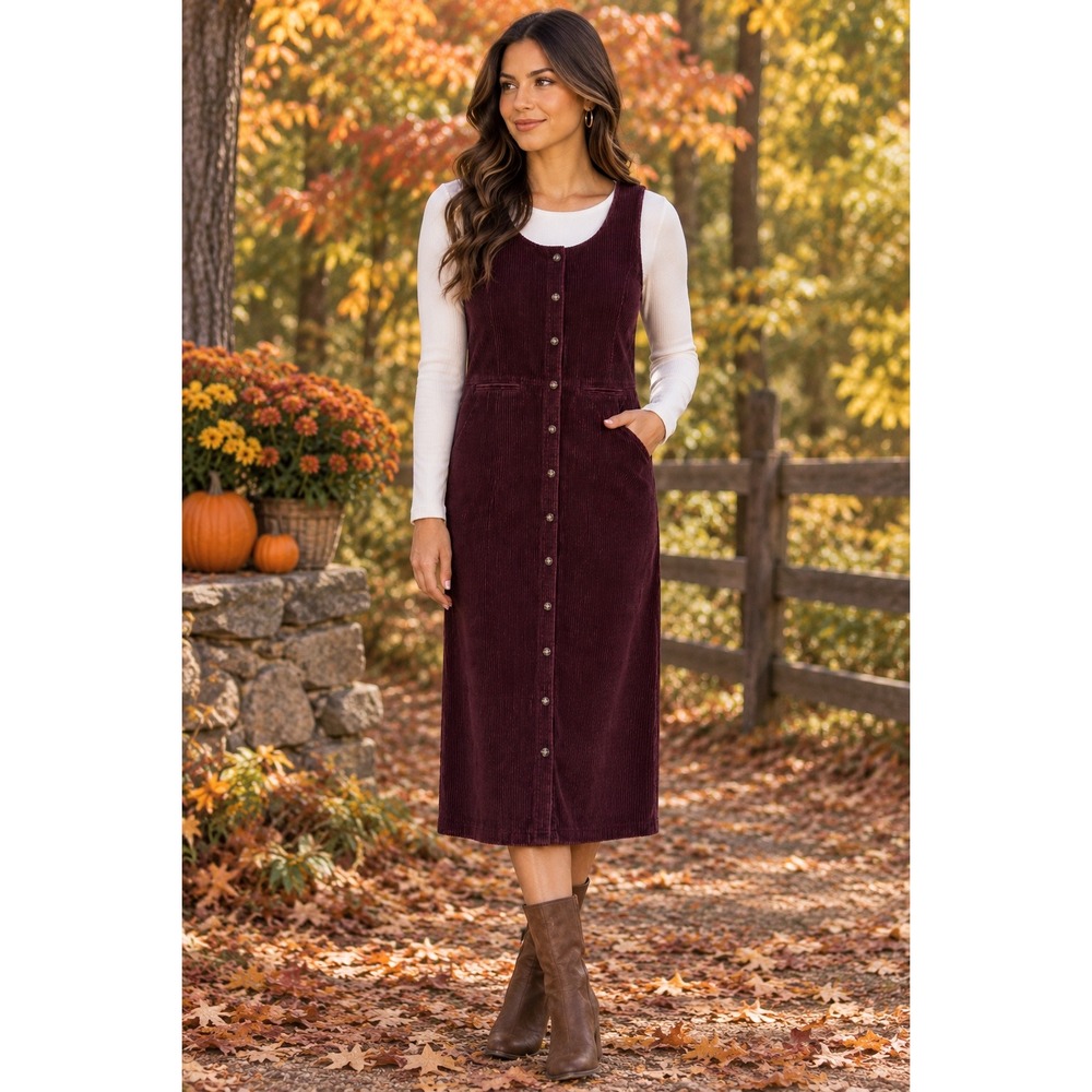 Vintage Talbots Petite Burgundy Corduroy Button Front Jumper Dress Cotton Midi 6